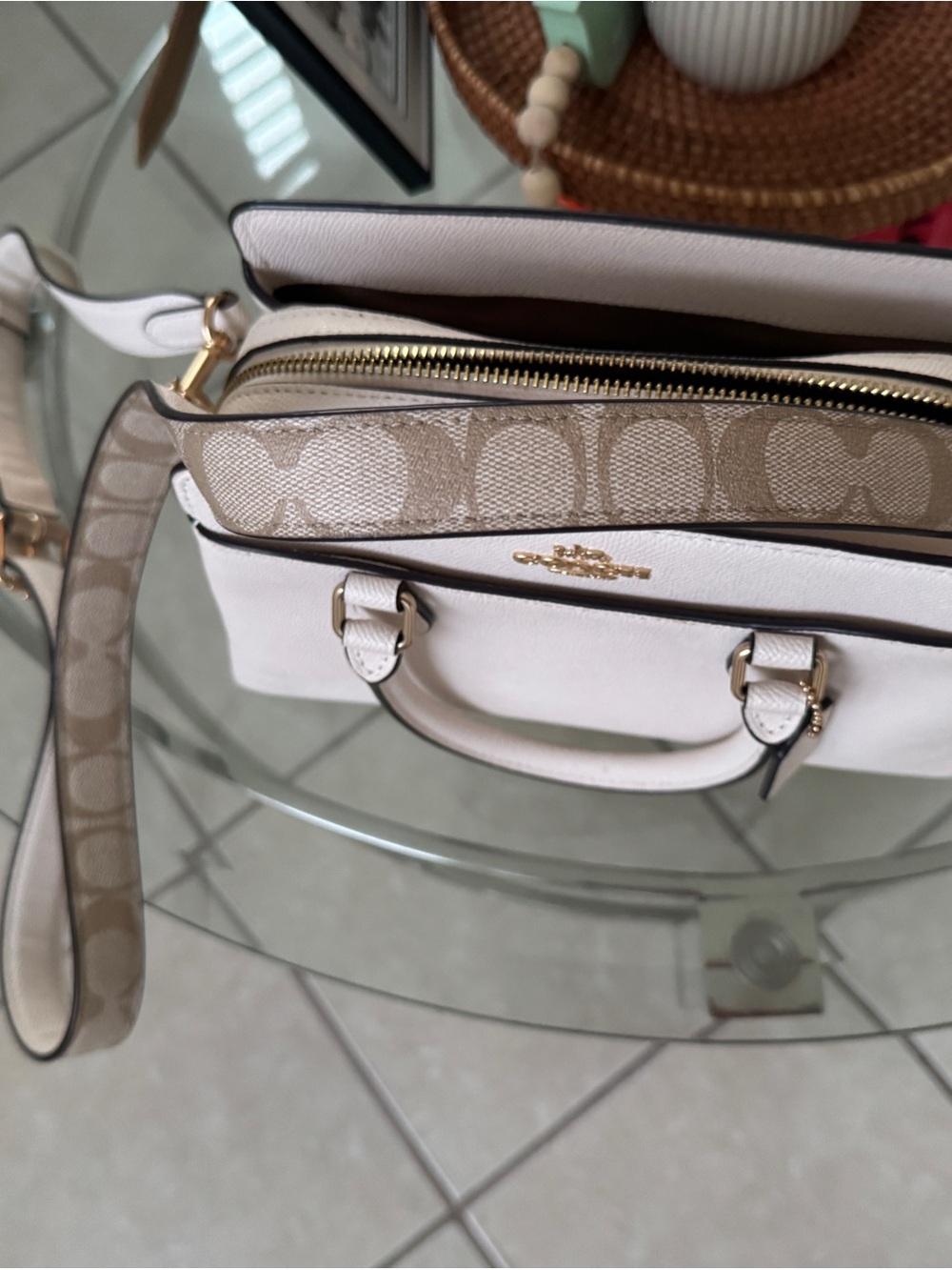 Coach Chalk and Khaki Signature Pebbled Leather Satchel